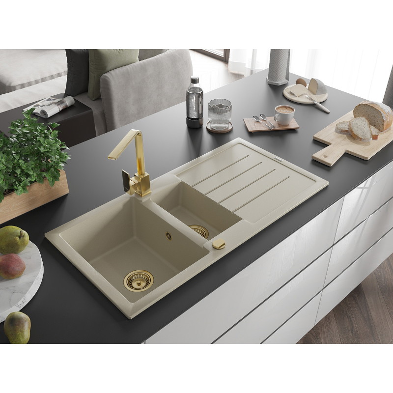 Mexen Andres granite sink 1.5-bowl with drainer and kitchen faucet Rita, beige - 6515-69-670300-50