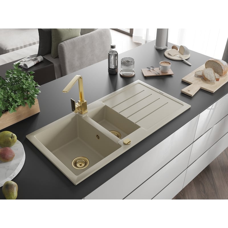 Mexen Andres granite sink 1.5-bowl with drainer and Rita kitchen faucet, beige - 6515-69-670300-50