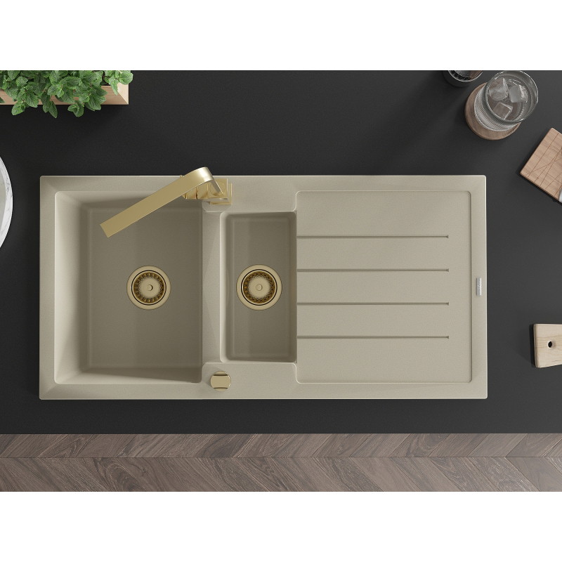 Mexen Andres granite sink 1.5-bowl with drainer and Rita kitchen faucet, beige - 6515-69-670300-50
