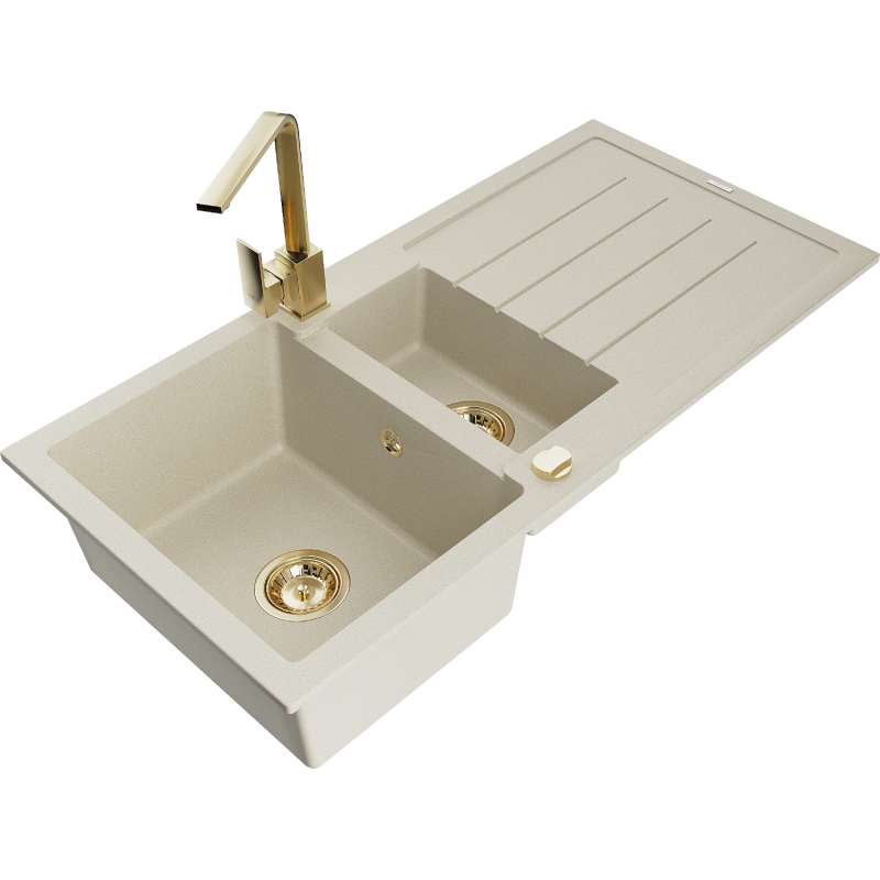 Mexen Andres 1.5-compartment granite sink with a drip tray and kitchen mixer tap Rita, Beige - 6515-69-670300-50