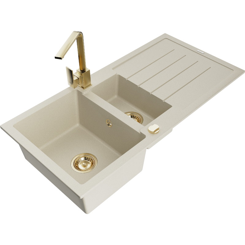Mexen Andres granite sink 1.5-bowl with drainer and Rita kitchen faucet, beige - 6515-69-670300-50