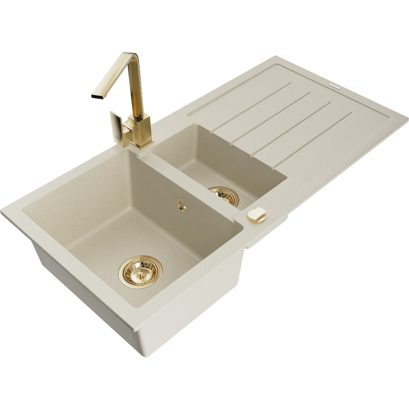 Mexen Andres granite sink 1.5-bowl with drainer and Rita kitchen tap, beige - 6515-69-670300-50