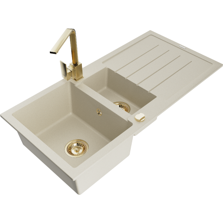 Mexen Andres granite sink 1.5-bowl with drainer and Rita kitchen tap, beige - 6515-69-670300-50