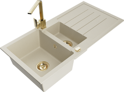 Mexen Andres granite sink 1.5-bowl with drainer and kitchen faucet Rita, beige - 6515-69-670300-50