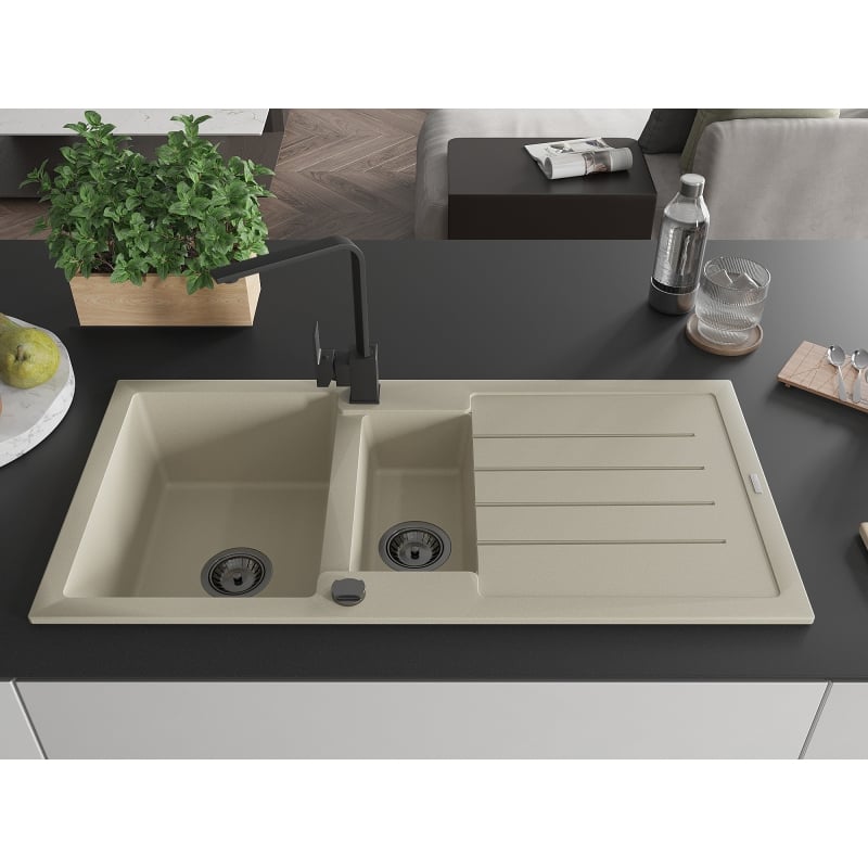 Mexen Andres granite kitchen sink 1.5-bowl with drainer and Rita kitchen faucet, beige - 6515-69-670300-70