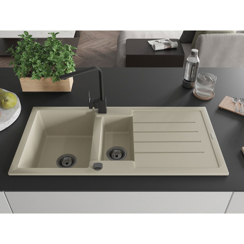 Mexen Andres granite sink 1.5-bowl with drainer and Rita kitchen tap, beige - 6515-69-670300-70