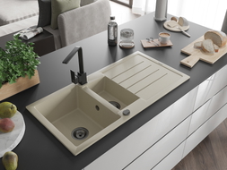 Mexen Andres granite sink 1.5-bowl with drainer and Rita kitchen faucet, beige - 6515-69-670300-70