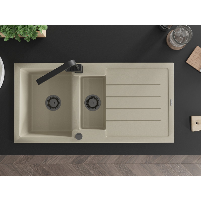 Mexen Andres granite kitchen sink 1.5-bowl with drainer and Rita kitchen faucet, beige - 6515-69-670300-70