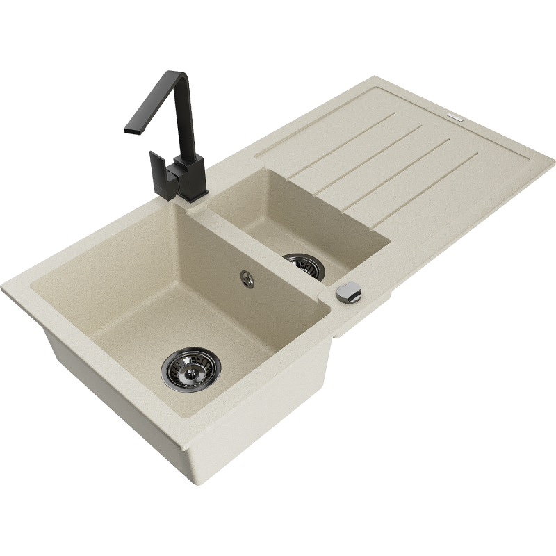 Mexen Andres 1.5-compartment granite sink with a drip tray and kitchen mixer tap Rita, Beige - 6515-69-670300-70