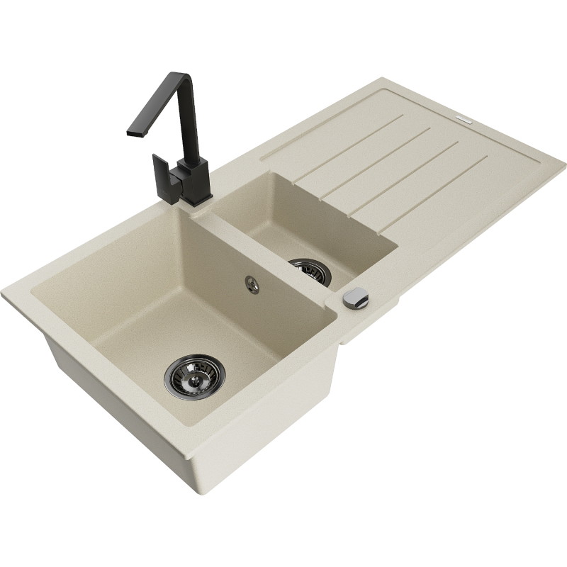 Mexen Andres granite kitchen sink 1.5-bowl with drainer and Rita kitchen faucet, beige - 6515-69-670300-70