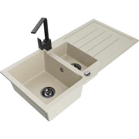 Mexen Andres 1.5-compartment granite sink with a drip tray and kitchen mixer tap Rita, Beige - 6515-69-670300-70