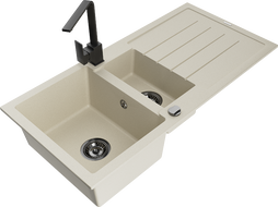 Mexen Andres 1.5-compartment granite sink with a drip tray and kitchen mixer tap Rita, Beige - 6515-69-670300-70