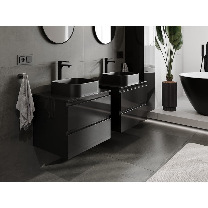 Mexen Orio bathroom cabinet under sink 60 cm with top, 2 drawers, black gloss - 91A10-06047-2-BFFC70