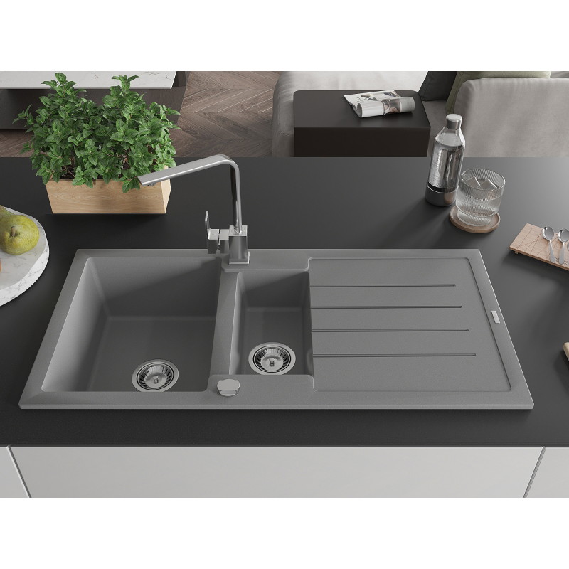 Mexen Andres granite sink 1.5-bowl with drainer and Rita kitchen faucet, gray - 6515-71-670300-00