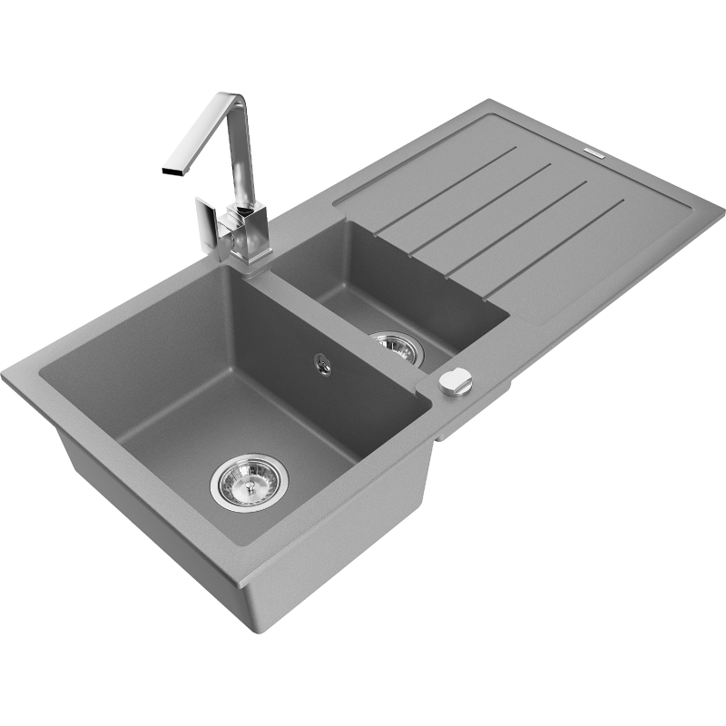 Mexen Andres 1.5-compartment granite sink with a drip tray and kitchen mixer tap Rita, Grey - 6515-71-670300-00