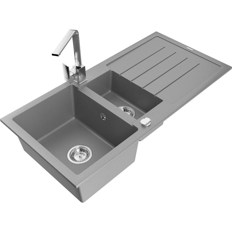 Mexen Andres granite sink 1.5-bowl with drainer and Rita kitchen tap, grey - 6515-71-670300-00
