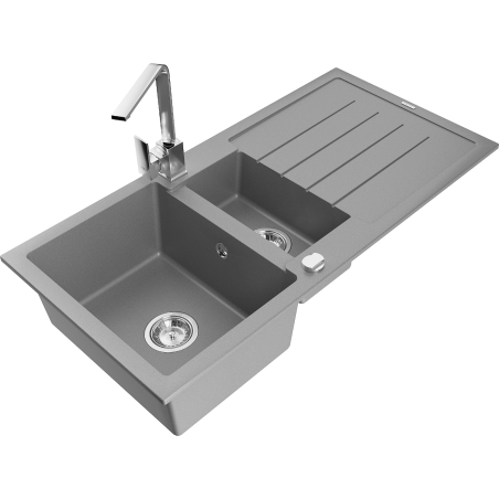 Mexen Andres granite sink 1.5-bowl with drainer and Rita kitchen tap, grey - 6515-71-670300-00