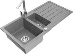 Mexen Andres 1.5-compartment granite sink with a drip tray and kitchen mixer tap Rita, Grey - 6515-71-670300-00