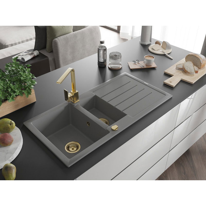 Mexen Andres granite sink 1.5-bowl with drainer and Rita kitchen tap, grey - 6515-71-670300-50