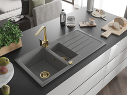 Mexen Andres 1.5-compartment granite sink with a drip tray and kitchen mixer tap Rita, Grey - 6515-71-670300-50