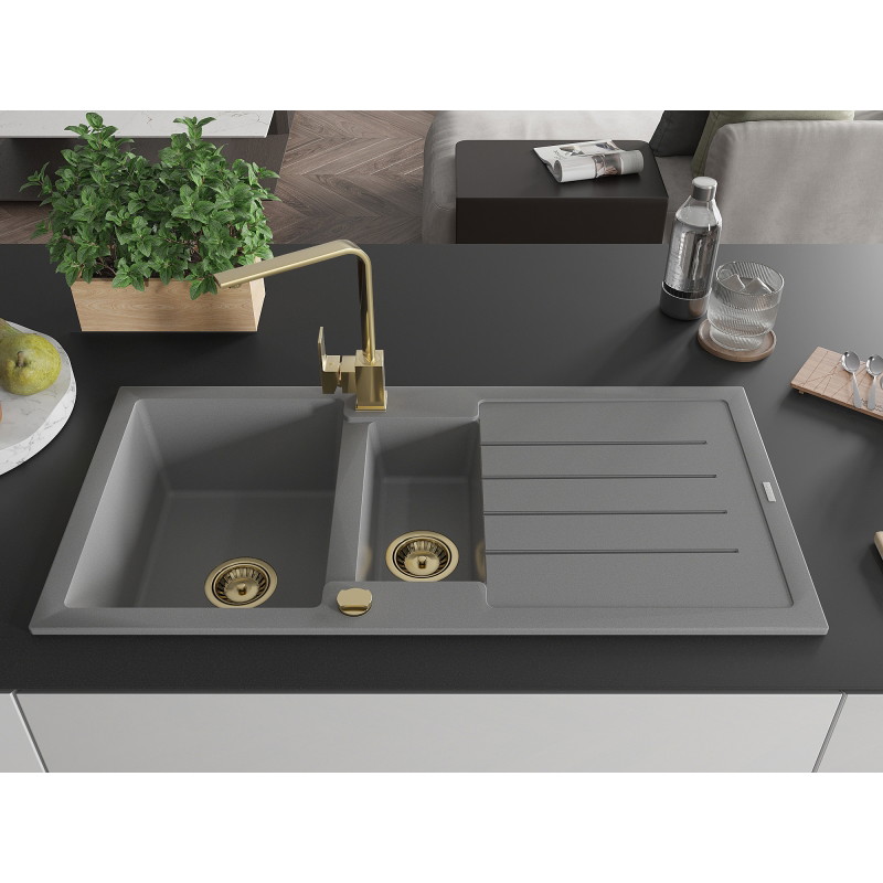 Mexen Andres granite sink 1.5-bowl with drainer and Rita kitchen faucet, gray - 6515-71-670300-50