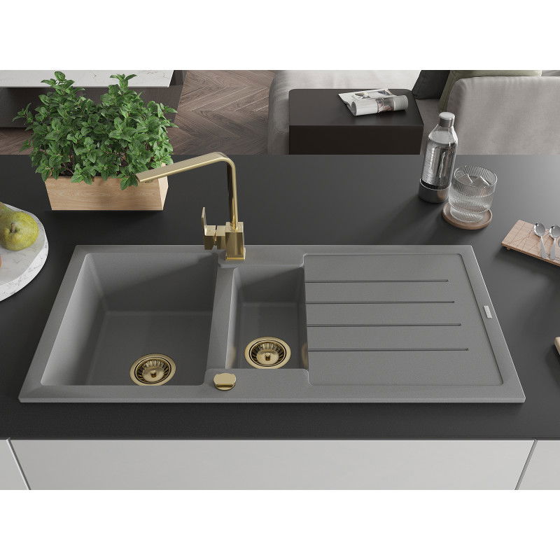 Mexen Andres granite sink 1.5-bowl with drainer and Rita kitchen tap, grey - 6515-71-670300-50