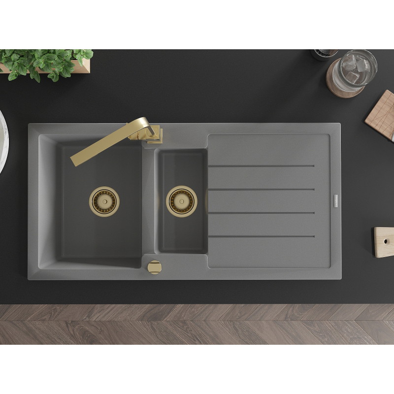 Mexen Andres granite sink 1.5-bowl with drainer and kitchen faucet Rita, gray - 6515-71-670300-50