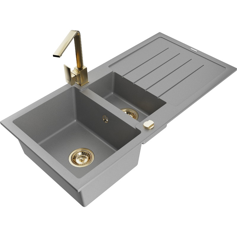 Mexen Andres granite sink 1.5-bowl with drainer and Rita kitchen faucet, gray - 6515-71-670300-50