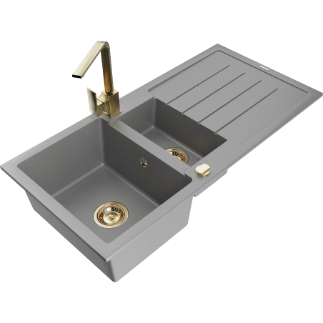 Mexen Andres granite sink 1.5-bowl with drainer and kitchen faucet Rita, gray - 6515-71-670300-50