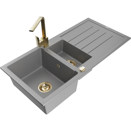 Mexen Andres granite sink 1.5-bowl with drainer and Rita kitchen tap, grey - 6515-71-670300-50