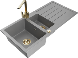 Mexen Andres 1.5-compartment granite sink with a drip tray and kitchen mixer tap Rita, Grey - 6515-71-670300-50