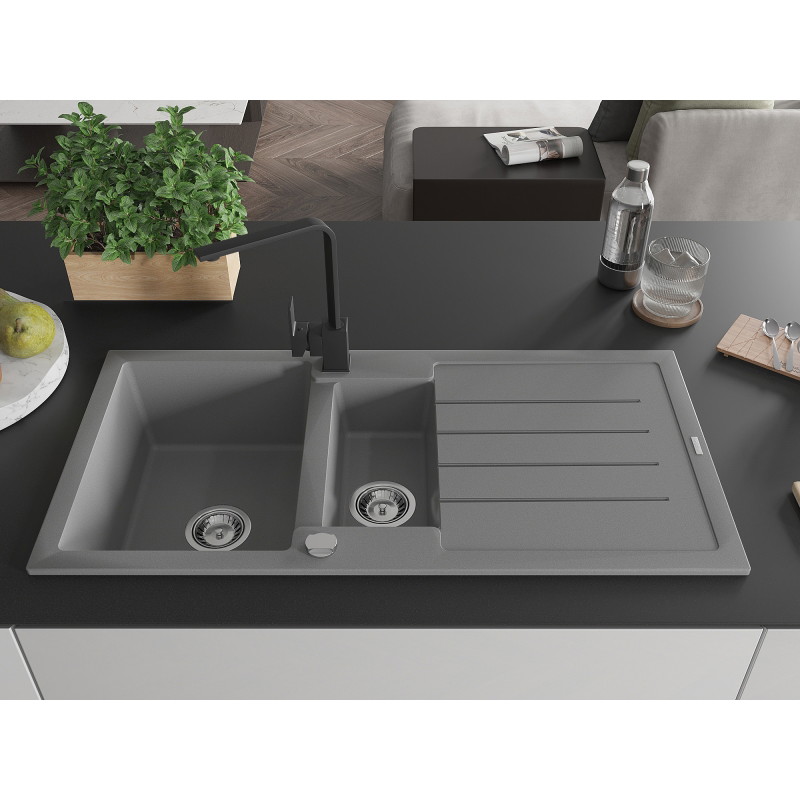 Mexen Andres granite sink 1.5-bowl with drainer and Rita kitchen faucet, gray - 6515-71-670300-70