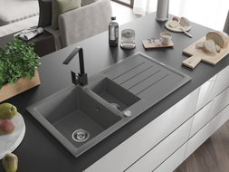 Mexen Andres granite kitchen sink 1.5-bowl with drainer and kitchen faucet Rita, gray - 6515-71-670300-70