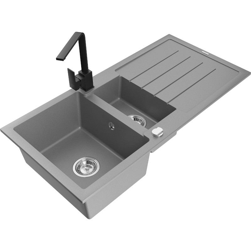Mexen Andres granite sink 1.5-bowl with drainer and Rita kitchen faucet, gray - 6515-71-670300-70