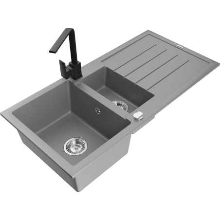 Mexen Andres 1.5-compartment granite sink with a drip tray and kitchen mixer tap Rita, Grey - 6515-71-670300-70