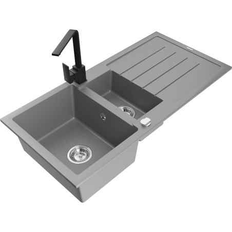 Mexen Andres granite sink 1.5-bowl with drainer and Rita kitchen mixer tap, grey - 6515-71-670300-70