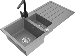 Mexen Andres 1.5-compartment granite sink with a drip tray and kitchen mixer tap Rita, Grey - 6515-71-670300-70