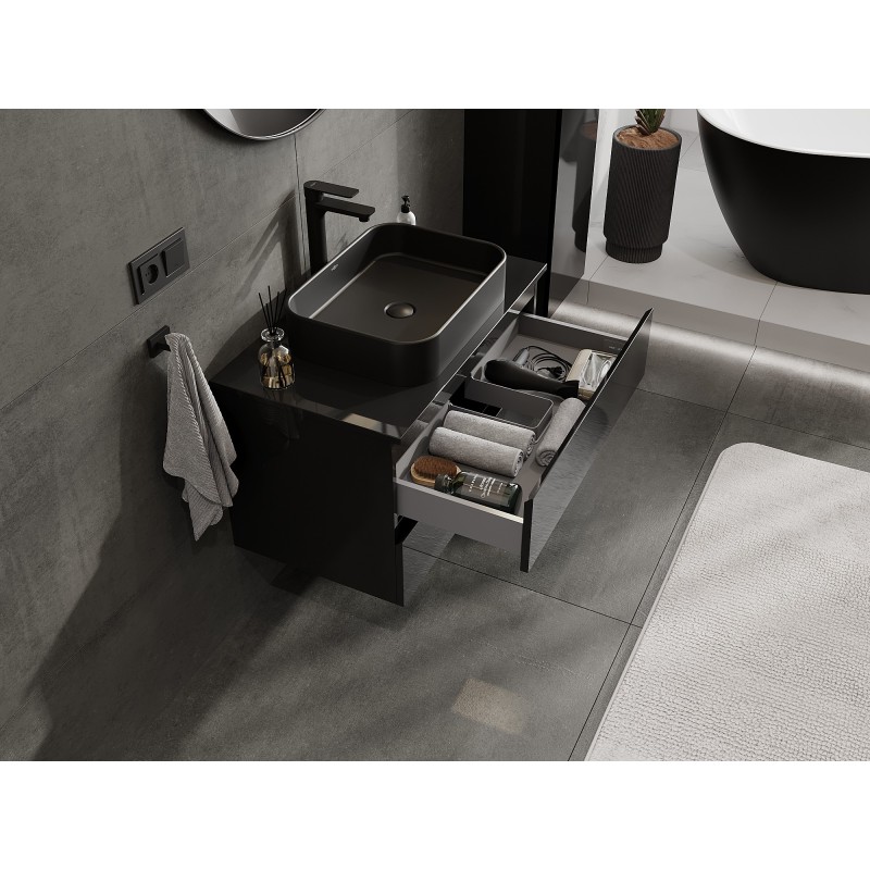 Mexen Orio bathroom cabinet under sink 80 cm with countertop, 2 drawers, black gloss - 91A10-08047-2-BFFC70