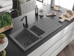 Mexen Andres 1.5-compartment granite sink with a drip tray and kitchen mixer tap Rita, Grey - 6515-71-670300-70-B