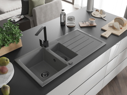 Mexen Andres granite sink 1.5-bowl with drainer and kitchen faucet Rita, gray - 6515-71-670300-70-B