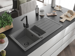 Mexen Andres granite sink 1.5-bowl with drainer and Rita kitchen tap, grey - 6515-71-670300-70-B
