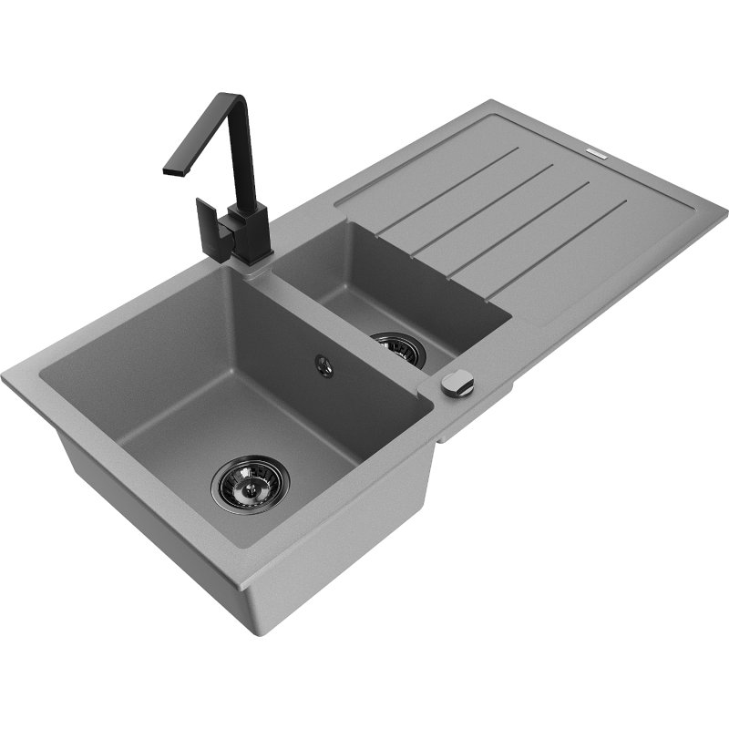 Mexen Andres 1.5-compartment granite sink with a drip tray and kitchen mixer tap Rita, Grey - 6515-71-670300-70-B