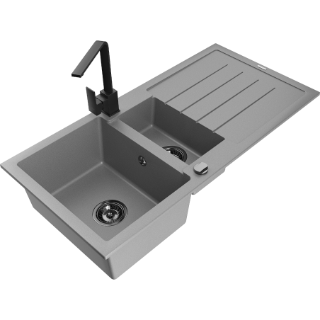 Mexen Andres granite sink 1.5-bowl with drainer and kitchen faucet Rita, gray - 6515-71-670300-70-B
