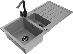 Mexen Andres granite sink 1.5-bowl with drainer and kitchen faucet Rita, gray - 6515-71-670300-70-B