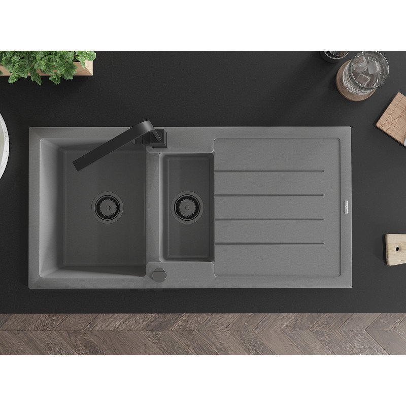 Mexen Andres granite sink 1.5-bowl with drainer and kitchen faucet Rita, gray - 6515-71-670300-70-B