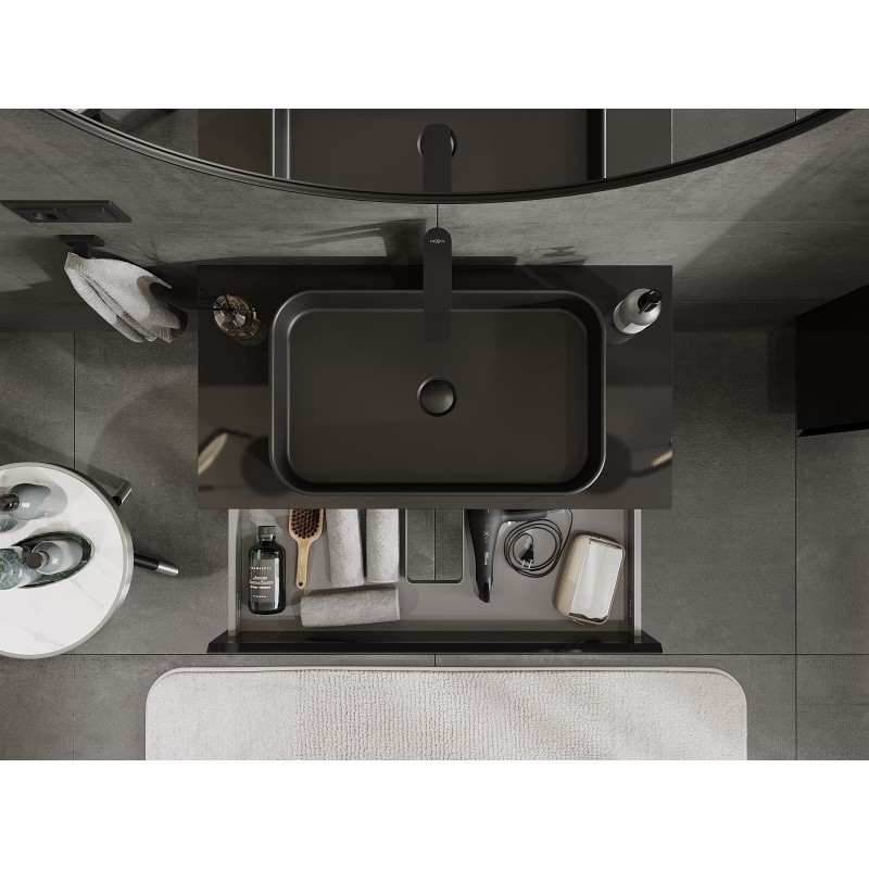 Mexen Orio 90 cm Bathroom Cabinet with Countertop, 2 Drawers, Black Gloss - 91A10-09047-2-BFFC70