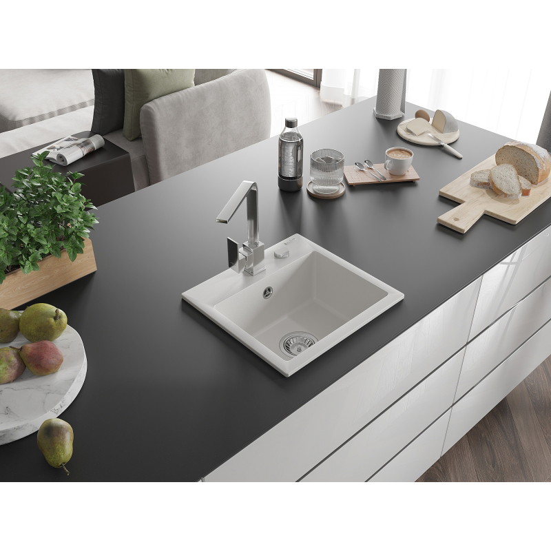 Mexen Milo granite sink 1-bowl with Rita kitchen faucet, white - 6505-20-670300-00