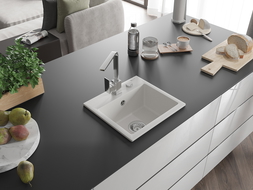 Mexen Milo 1-compartment granite sink with a kitchen mixer tap Rita, White - 6505-20-670300-00