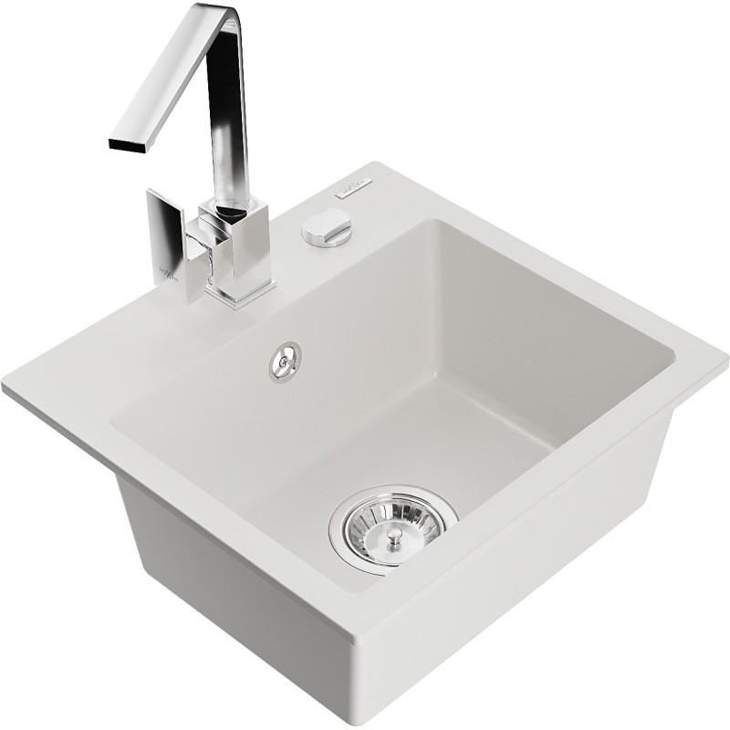 Mexen Milo 1-bowl granite sink with Rita kitchen faucet, white - 6505-20-670300-00