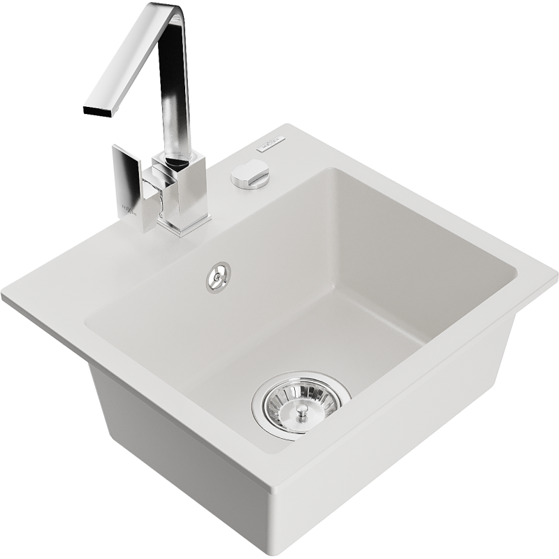 Mexen Milo 1-compartment granite sink with a kitchen mixer tap Rita, White - 6505-20-670300-00